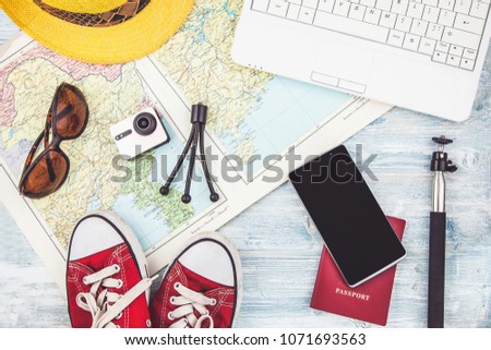 Overhead view of Traveler's accessories Travel plan, trip vacation, tourism mockup Instagram looking image of travelling concept. Top view