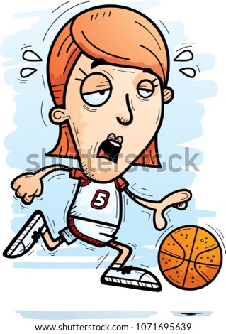 A cartoon illustration of a woman basketball player running and looking exhausted.