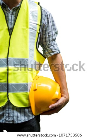 Engineering man standing with yellow safety helmet isolated on white background