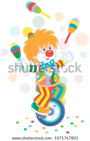 Circus show of a funny clown juggling with skittles and riding his unicycle, vector illustration in a cartoon style
