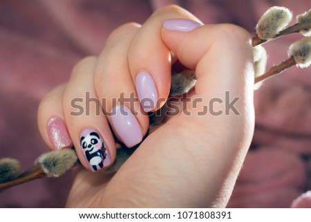 Nails with a pastel color and a picture of a cute panda, in whose hands are the spring branches. In the hand, on the fingers of which the manicure is a real branch with fluffy buds. Fluffy buds resemb