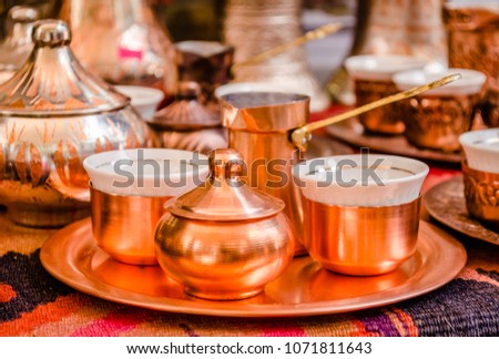 Oriental/Bosnian/Turkish coffee served in copper-plated pot with Turkish delight