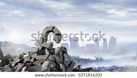 Broken concrete stone with pound symbol with cityscape