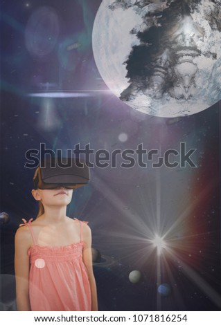 Girl in VR headset looking up to a 3D planet against blue sky with planets and flares