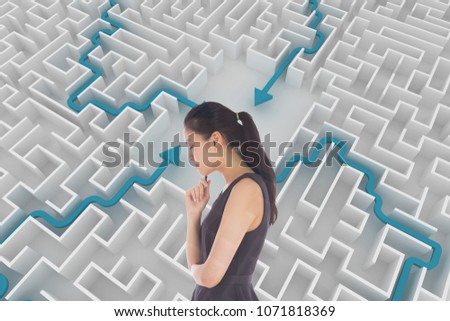 Woman thinking against background with a maze
