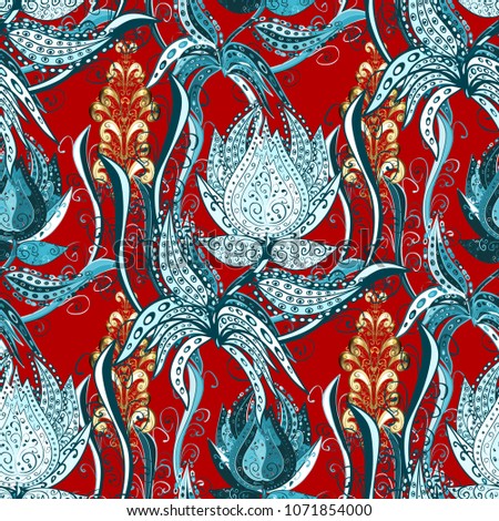 Seamless floral pattern with doodles flowers on blue, red, neutral, white and beige colors.