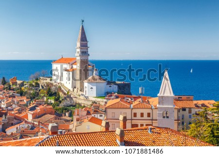Piran town on Adriatic sea, one of major tourist attractions in Slovenia, Europe. Royalty-Free Stock Photo #1071881486