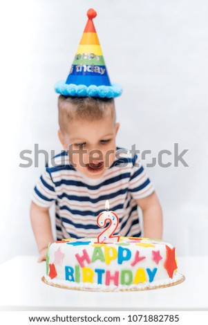 a little child blows a candle on a cake on his birthday