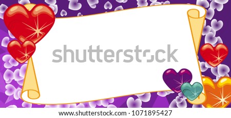 Horizontal banner with color background, blank paper scroll and sparkling hearts. Copy space. Raster clip art.