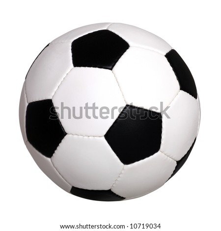 Picture of a black and white leather soccer ball