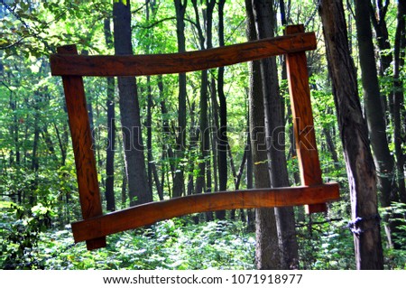 Looking at a beautiful lush forest scenery with tall mature trees in the woods in Germany through a huge hanging wooden frame construction in the foreground
