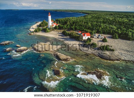 Aerial image of Cove Island Lighthouse, Bruce Peninsula, Ontario, Canada