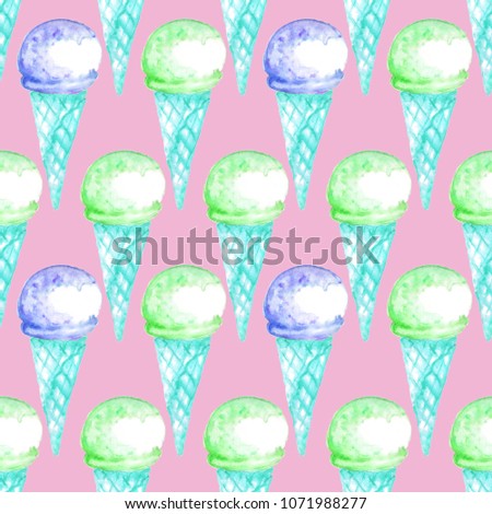 Seamless ice-cream pattern. Watercolor hand drawn summer beach print in unusual colors with ice lolly and Ice cream in a waffle cup. Childish baby background. Food print. Fabric, paper, cover, web