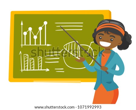 Young african-american teacher pointing at the board with a pointer. Teacher standing next to the blackboard with charts in the classroom. Vector cartoon illustration isolated on white background.