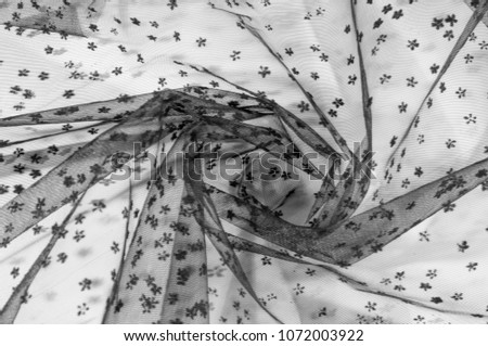 lace fabric. Black lace small on white background. Add a subtle touch to your collection with this Black Flower Chantilly Lace. Light and airy lace. Use your delicate design work. 