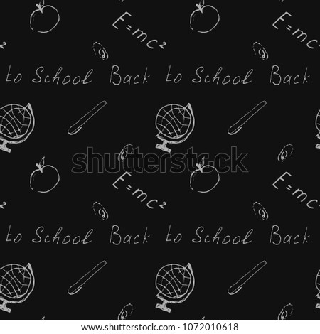 Funny seamless pattern in hand drawn style with cartoon school supplies and creative elements. Vector black background with globe, pen, apple and inscription Back to school