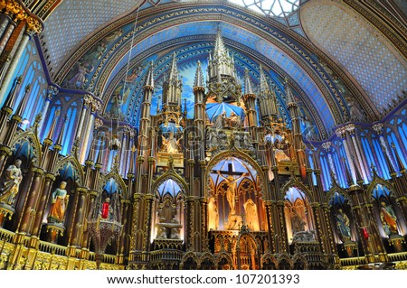 Montreal Notre-Dame Basilica Sunshine on the altar of Montreal Notre-Dame Basilica (French: Basilique Notre-Dame de Montreal) Royalty-Free Stock Photo #107201393
