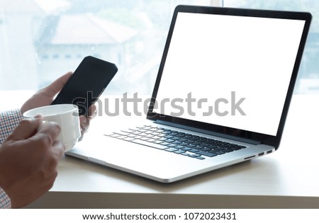 man working computer table hand touching laptop business  blank white screen