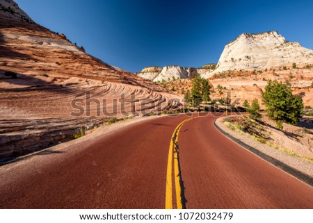 Empty scenic highway in Zion National Park, Utah, USA