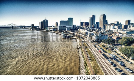 New Orleans aerial skyline and Mississippi river, Louisiana.
