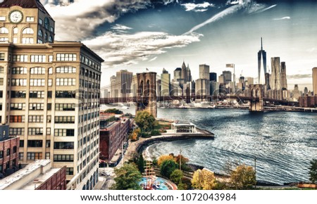 Brooklyn Bridge and Manhattan skyline from Manhattan Bridge, New York City.