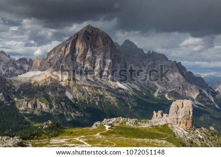 Europe, Italy, Alps, Dolomites, Mountains, Cinque Torri, Tofane, View from Rifugio Averau
