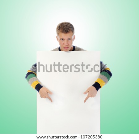 young man with a blank white card.