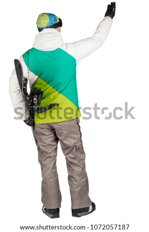 Full length portrait of man in sportswear with snowboard isolated on a white background. Sport and people concept.