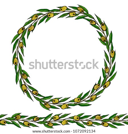 Green Olive Endless Brush. Olive Leaves Round Wreath. Realistic Hand Drawn Illustration. Savoyar Doodle Style.