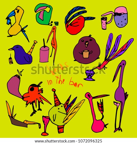 birds in a steep bar, colorful birds, different glasses, drink in the bar restaurant, suitable for holiday cards