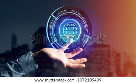 View of a Businessman holding a Shinny technologic globe button - 3d render