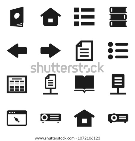 Flat vector icon set - book vector, schedule, document, browser, arrow, network, home, catalog, menu, projector