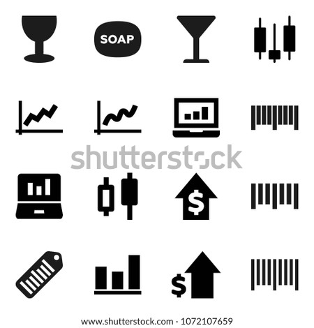 Flat vector icon set - soap vector, graph, japanese candle, laptop, dollar growth, glass, barcode