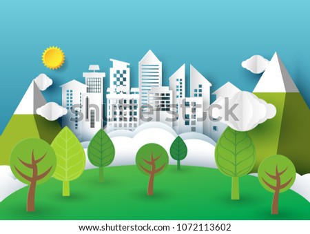Nature urban forest landscape creative idea concept design.Origami city on blue sky paper art style.Vector illustration
