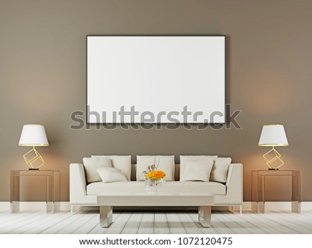 Living room interior wall mock up with white sofa, pillows and lamps on brown background, 3D rendering, 3D illustration