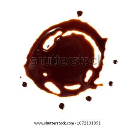 Spilled Soy Souse Teriyaki Texture. Oyster Sauce or Balsamic Vinegar Puddles on White Background Top View