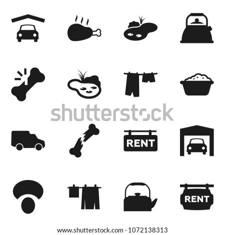 Flat vector icon set - drying clothes vector, foam basin, kettle, mushroom, chicken leg, car, broken bone, pond, garage, rent signboard