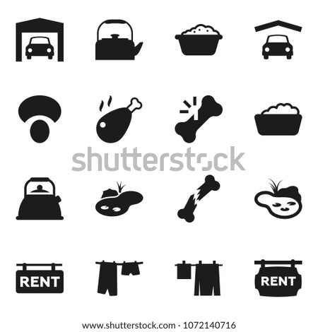 Flat vector icon set - drying clothes vector, foam basin, kettle, mushroom, chicken leg, broken bone, pond, garage, rent signboard