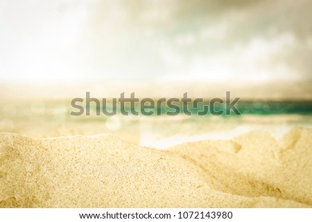 Summer photo of sand closeup and sea landscape. Free space for your decoration. 