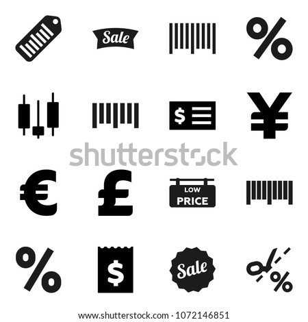 Flat vector icon set - japanese candle vector, receipt, euro sign, pound, yen, barcode, low price signboard, sale, percent, coupon