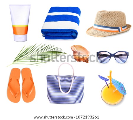 Summer resort objects collage isolated.Beach staff accessories set.Towel,hat,bag. Royalty-Free Stock Photo #1072193261