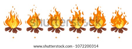 Vector cartoon style set of game camp fire sprites for animation. Game user interface (GUI) element for video games, computer or web design. Bonfire burning frames.