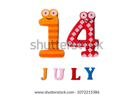 July 14. Image of July 14 on white background. Summer day.