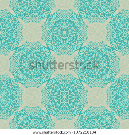 Damask Seamless Pattern. Ethnic Rapport for Textile, Fabric, Wallpaper. Seamless Background with Lacy Grid made of Mandalas. Green Orient Texture