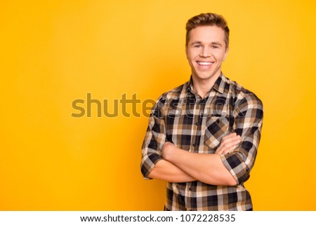 Portrait of glad friendly sincere with beaming shiny smile handsome person stylish haircut standing with folded arms dressed in casual brown shirt clothes outfit isolated on gray background copyspace