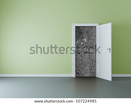 room with opened door to concrete wall