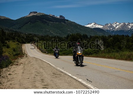 Motorcyclists on legendary Ruta 40 in patagonian mountains,Argentina Royalty-Free Stock Photo #1072252490