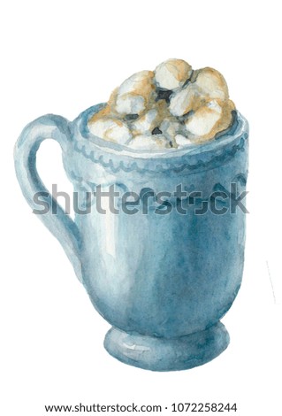 Watercolor blue cup of hot chocolate with marshmallow