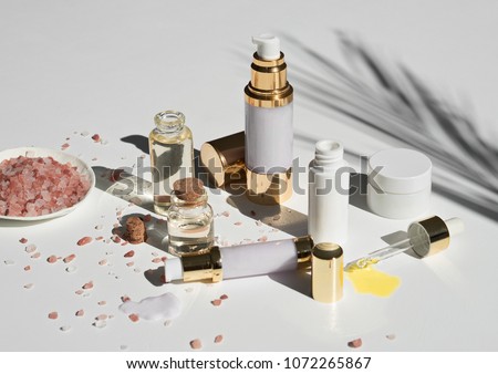 natural skincare products on white background  Royalty-Free Stock Photo #1072265867