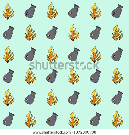 Vector seamless marching pattern set fire and a bag